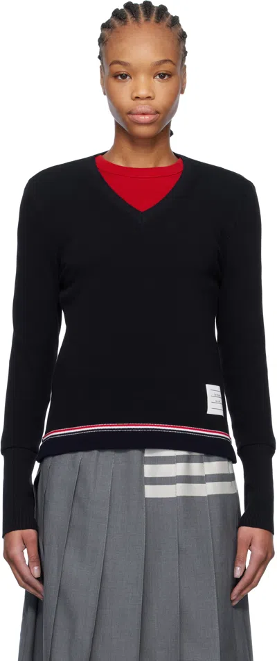 Thom Browne Navy Cotton Pique V-neck Sweater In 415 Navy