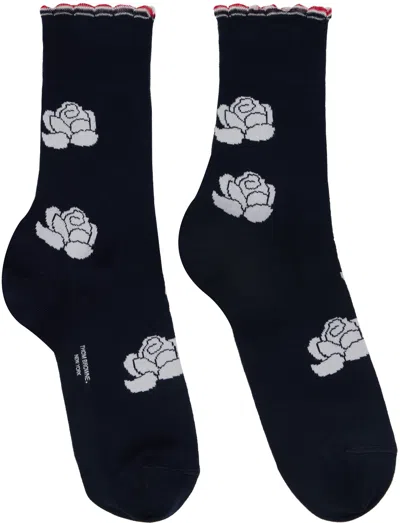 Thom Browne Navy Cotton Rose Ankle Socks In Black