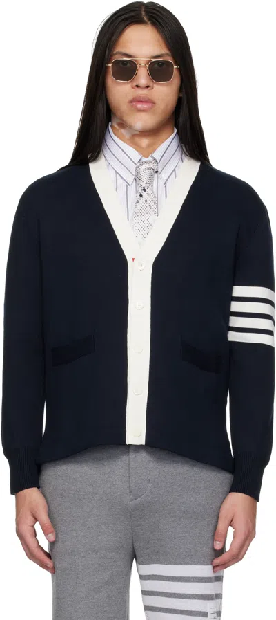 Thom Browne Navy Crest Intarsia Jacquard 4-bar Rugby Fit Cardigan In Blue