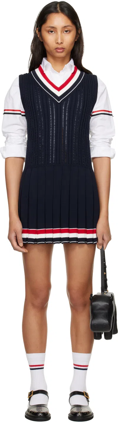 Thom Browne Navy Cricket Rwb Stripe Baby Ladder Cable Minidress In Blue