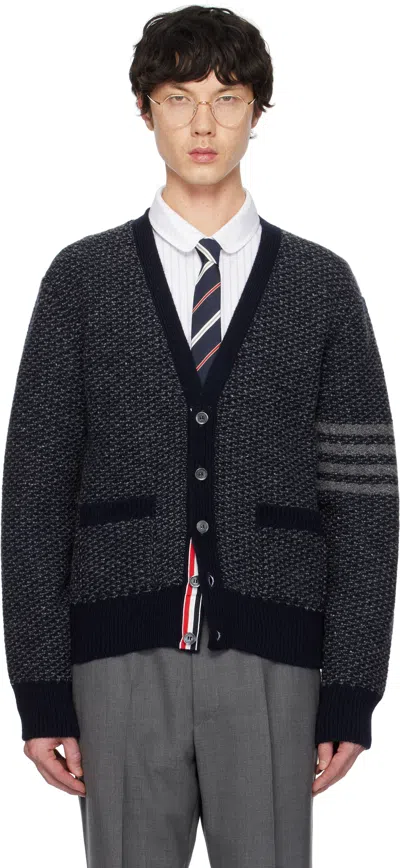 Thom Browne Navy Donegal 4-bar Relaxed V Neck Cardigan In 415 Navy
