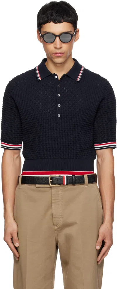 Thom Browne Navy Float Ripple Stitch Rwb Stripe Polo In Blue