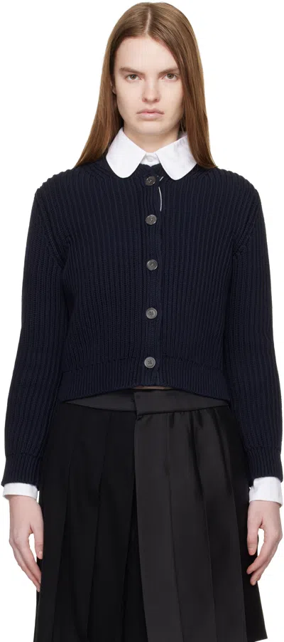 Thom Browne Navy Full Stitch Cropped Crew Neck Cardigan In Black