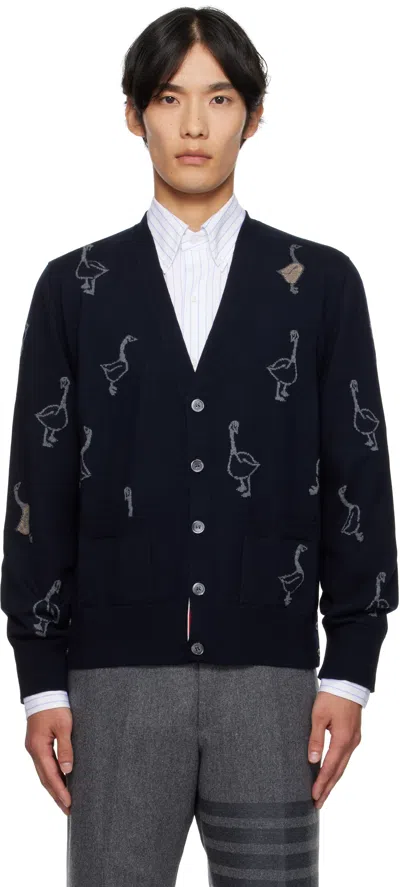 Thom Browne Navy Geese Intarsia Merino Relaxed Fit Cardigan In Blue