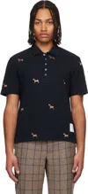 Thom Browne Navy Horse Half Drop Embroidery Short Sleeve Polo In Black