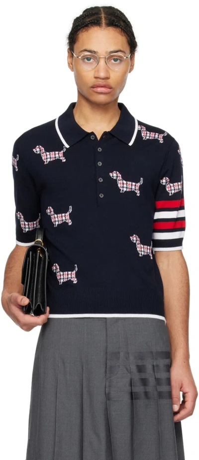 Thom Browne Navy Intarsia Polo In 415 Navy
