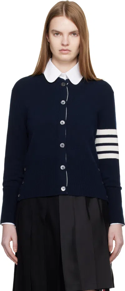 Thom Browne Navy Jersey Intarsia Classic Fit 4-bar Cardigan In Blue