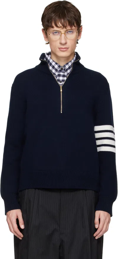 Thom Browne Navy Merino Wool 4-bar Funnel Neck Sweater In Blue