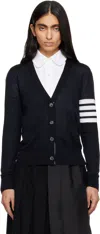 Thom Browne Navy Merino Wool 4-bar Relaxed Fit V-neck Cardigan In Blue