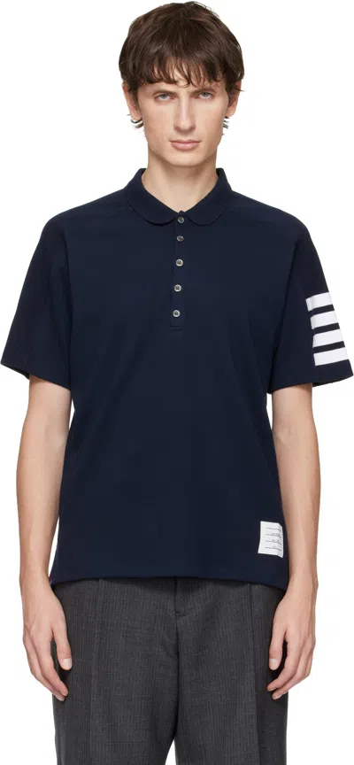 THOM BROWNE NAVY MILANO COTTON 4-BAR POLO