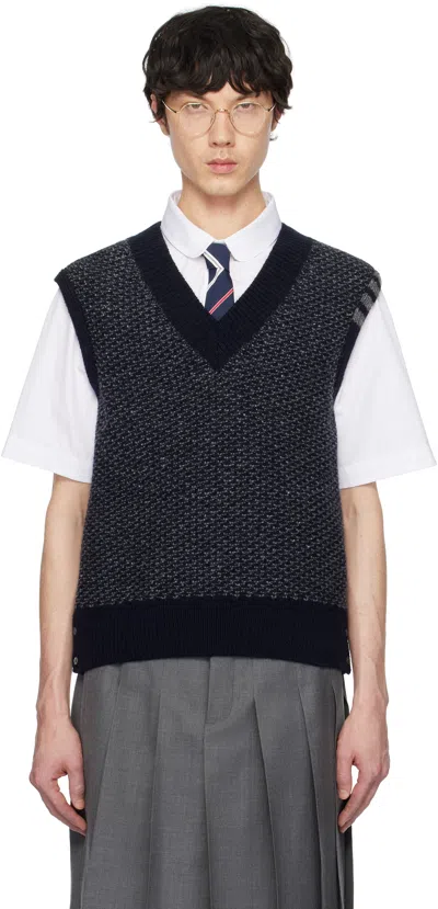 Thom Browne Navy Mohair Tweed 4-bar V Neck Vest In 415 Navy