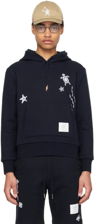 Thom Browne Navy Nautical Embroidery Hoodie In 415 Navy