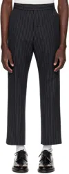 Thom Browne Navy Pinstripe High Twist Wool Backstrap Trousers In Black