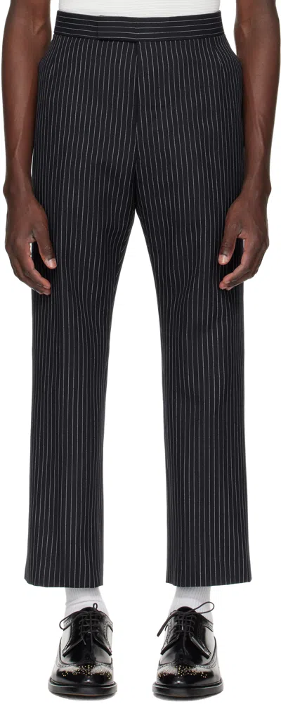 Thom Browne Navy Pinstripe High Twist Wool Backstrap Trousers In Blue
