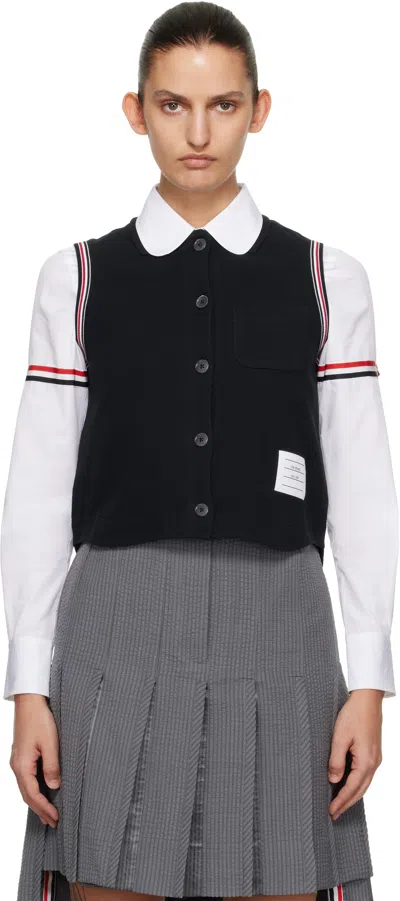 Thom Browne Navy Pique Rwb Trim Sleeveless Shirt In Black