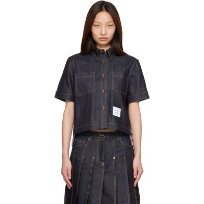 Thom Browne Navy Straight Hem Button Down Point Collar Denim Shirt In Blue
