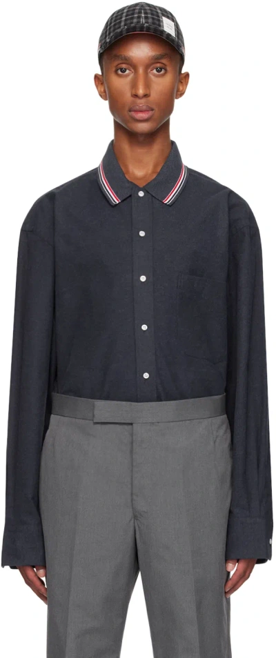 Thom Browne Navy Stripe Cotton Flannel Oversized Shirt In 415 Navy