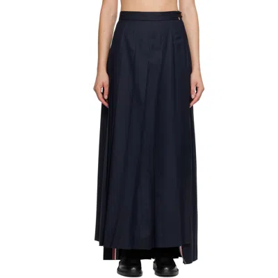 Thom Browne Navy Super 120's Twill Pleated Maxi Skirt In Blue