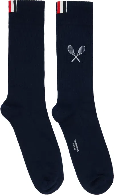 Thom Browne Navy Tennis Racquet Athletic Socks In Blue