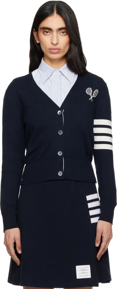 Thom Browne Navy Tennis Racquets 4-bar Cotton V-neck Cardigan In Orange