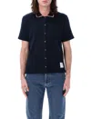 THOM BROWNE NAVY TEXTURED KNIT POLO SHIRT FOR MEN BY THOM BROWNE