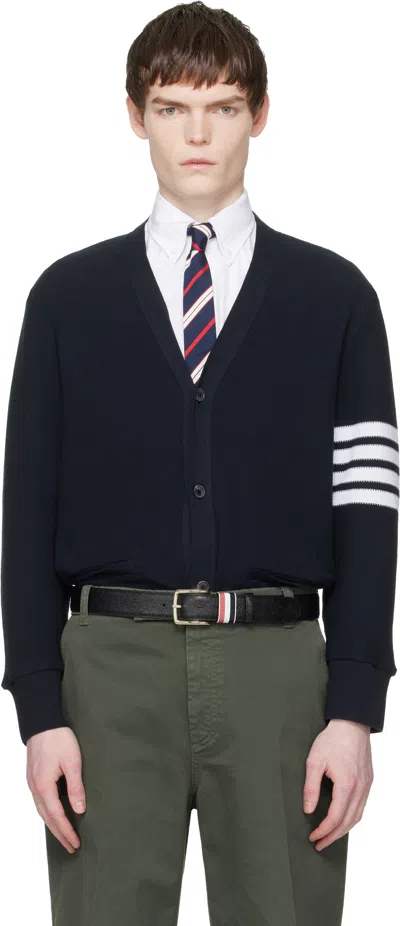 Thom Browne Navy Textured Pique 4-bar Cardigan In Blue