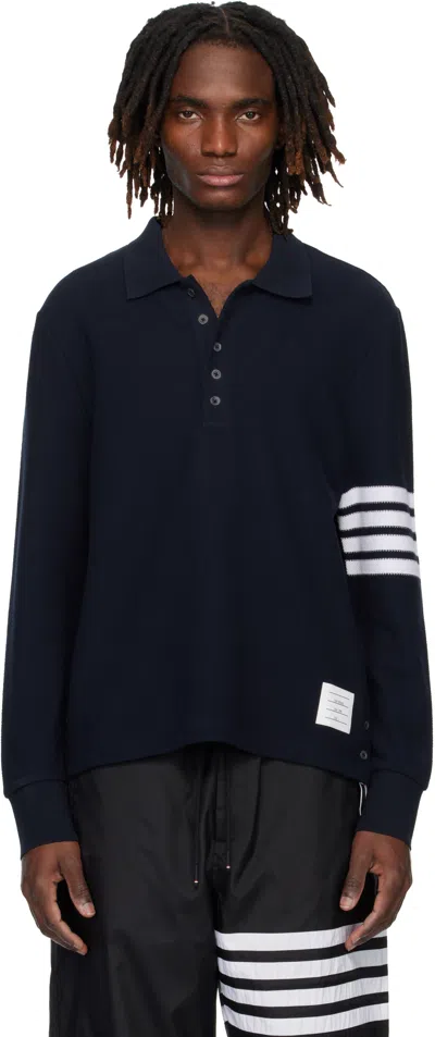 Thom Browne Navy Textured Pique 4-bar Long Sleeve Polo