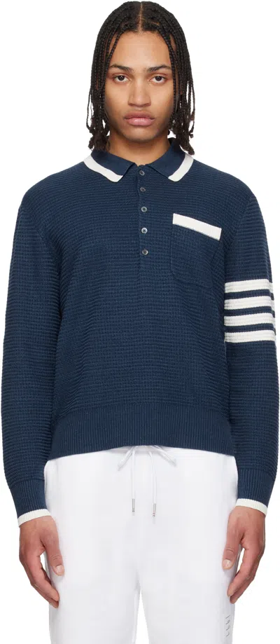 Thom Browne Navy Textured Stitch Relaxed Fit 4-bar Polo In Blue