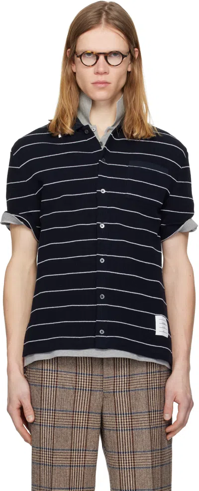 Thom Browne Navy Textured Stripe Short Sleeve Shirt In Black