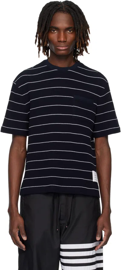 Thom Browne Navy Textured Stripe Waffle T-shirt In Black