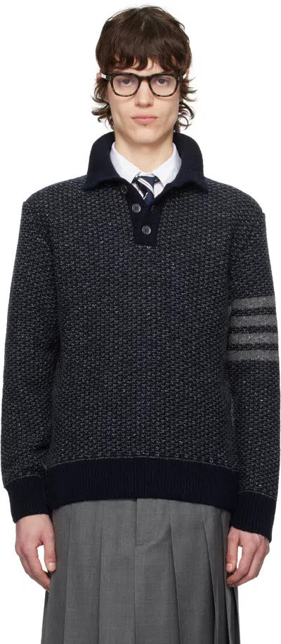 Thom Browne Navy Tweed 4-bar Stripe Polo In 415 Navy
