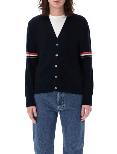 Thom Browne Navy V-neck Cardigan With Striped Armbands And Signature Details