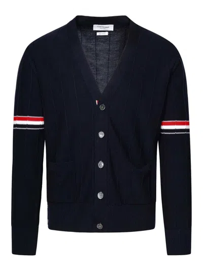 THOM BROWNE NAVY VIRGIN WOOL CARDIGAN