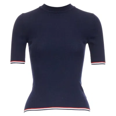 Pre-owned Thom Browne Navy Wool Blend Red White Trim Pointelle Knit Tshirt Top It36 Xxs