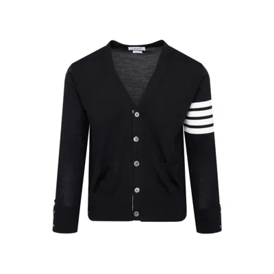 Thom Browne Navy Wool Buttoned Cardigan In Black