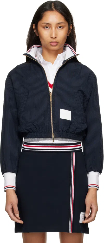 Thom Browne Navy Wool Seersucker Zip Up Track Jacket In Blue