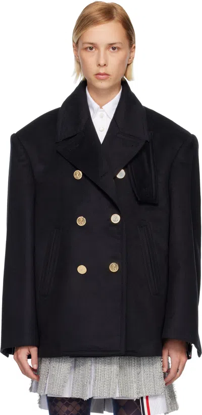 Thom Browne Navy Ziberline Finish Cashmere Oversized Pea Coat In Blue