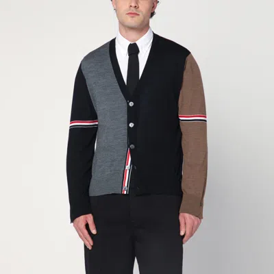 THOM BROWNE NAVY/GREY/BROWN WOOL CARDIGAN
