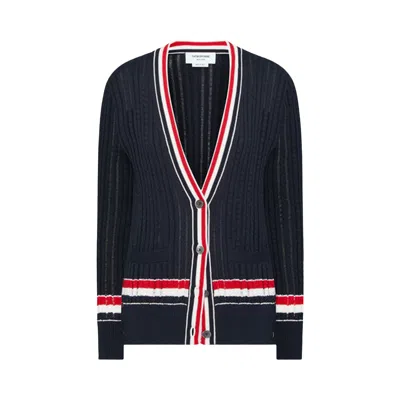 Pre-owned Thom Browne Neck Elongated Rwb Stripe Cardigan 'navy' | Blue | Women's Size 40