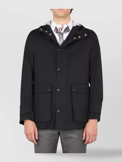 Thom Browne Nylon Parka With Front Pockets And Hood In Blue