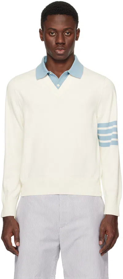 Thom Browne Off-white 4-bar Long Sleeve Polo In 100 White