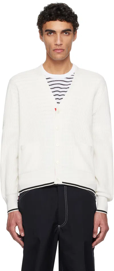 Thom Browne Off-white Half & Half Textured Stitch Relaxed Fit V Neck Cardigan In 100 White