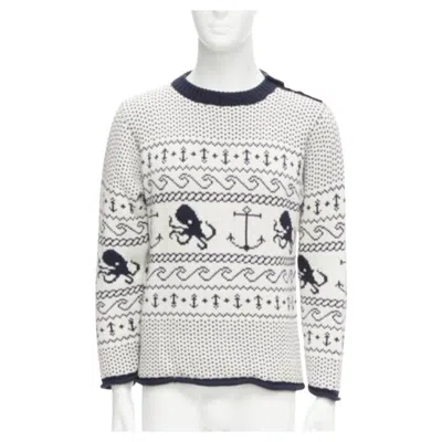 Pre-owned Thom Browne Off White Navy Nautical Octopus Intarsia Ringer Sweater Sz.3 L