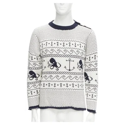 Pre-owned Thom Browne Off White Navy Nautical Octopus Intarsia Ringer Sweater Sz.3 L