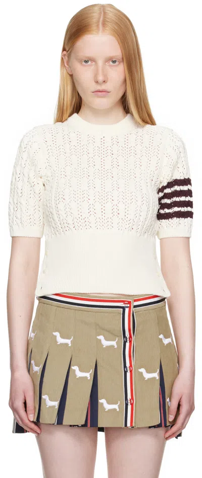 THOM BROWNE OFF-WHITE POINTELLE CABLE STITCH 4-BAR SWEATER