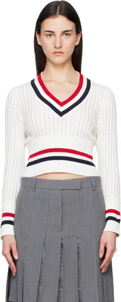 Thom Browne Off-white Baby Ladder Cable Shrunken V Neck Sweater
