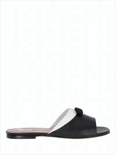 THOM BROWNE OPEN-TOE BLACK LEATHER MULES WITH BOW DETAIL