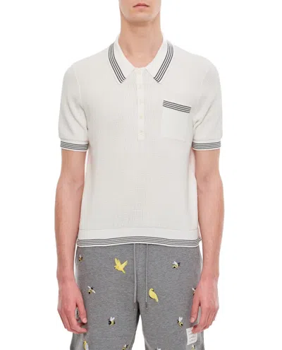 Thom Browne Open Waffle Stitch Ss Polo In Cotton W/ 4 Bar Stripe Tipping Stripe In White