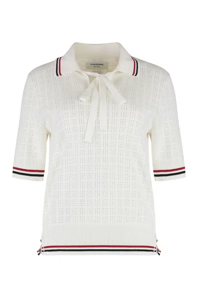 Thom Browne Openwork-knit Polo Shirt In White