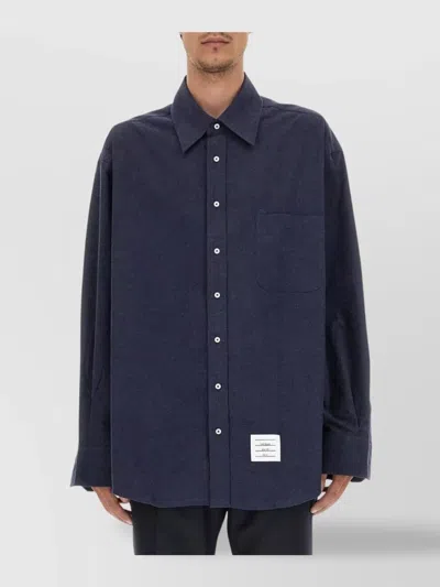 Thom Browne Oversize Long Sleeve Shirt With Pocket And Stripe Detail In Blue
